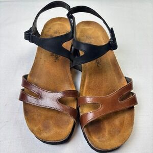 Naot Sandals Women's Brown Black Leather Cork Footbed Adjustable Straps Size 39